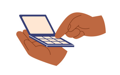 Hands holding tiny laptop with blank screen arms vector