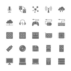 Set of computer components grey icons system unit vector