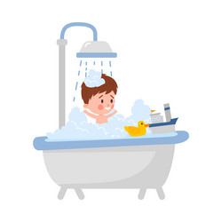 kid boy takes a bath and plays with toys flat vector