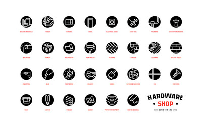 hardware shop and building set round icons vector