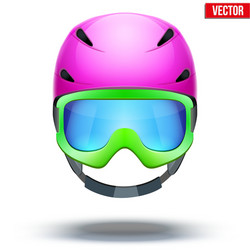 Front view of classic pink ski helmet and green vector