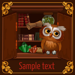 owl sits on a bookshelf with scrolls and crystals vector