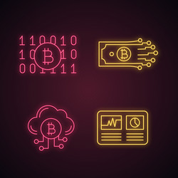 bitcoin cryptocurrency neon light icons set vector