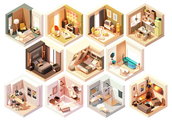 isometric home rooms interiors set vector