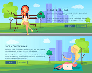 work on fresh air banner woman with laptops vector