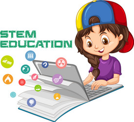 girl searching on laptop with stem education logo vector