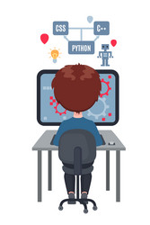 boy learning coding on laptop isolated white vector