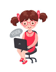 Girl sitting with laptop and learning coding vector