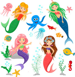 Adorable Mermaid and Sea Creature Set Vector Image