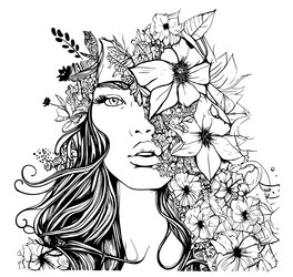 doodle girl with leaves and flowers in her hair Vector Image
