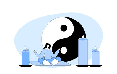 female character meditate with feng shui symbols vector