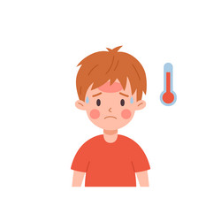 sad kid boy in red t-shirt having fever flu vector