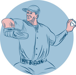 Baseball pitcher throwing ball circle drawing vector