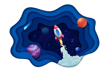 Space paper cut rocket launch and galaxy planets Vector Image