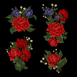 bouquets with red peonies and small flowers Vector Image