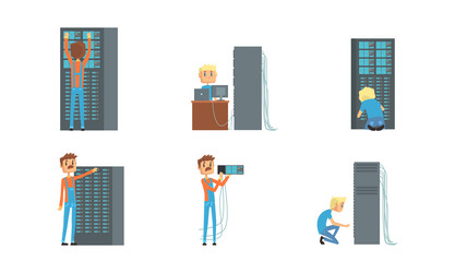 Sysadmin characters set men repairing vector