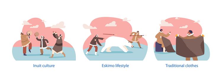 isolated elements with eskimo characters hunting vector image