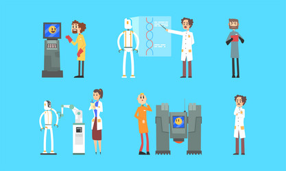 engineers creating and programming robots set vector image