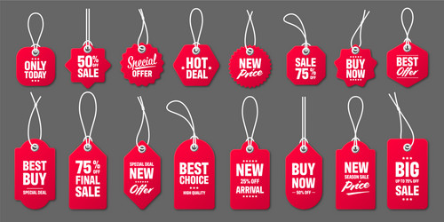 Realistic red price tags with white string on gray vector