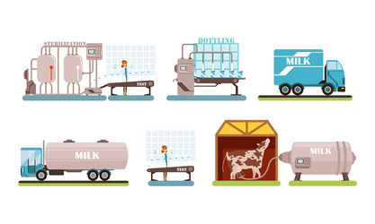 Milk production set cow milking pasteurization vector