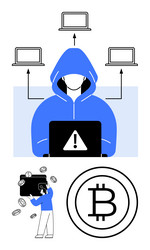 hacker in blue hoodie with multiple laptops vector image