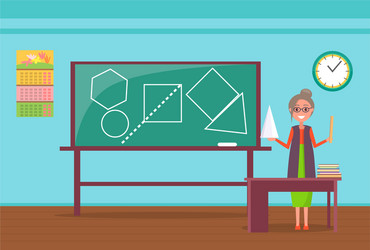 Teacher stand near blackboard with drawn figures vector