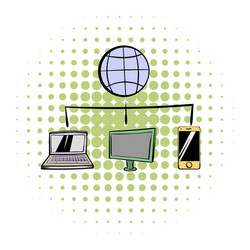 Globe with computers and mobile phone comics icon vector