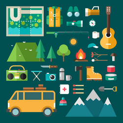 Tourist equipment and objects set of icons vector