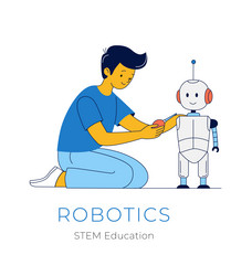 boy fixing humanoid robot stem robotics project vector image