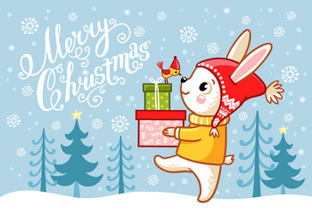 christmas card with a hare which carries gifts vector