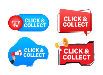 megaphone label set with text click and collect vector