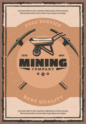 Mining company retro poster with miner work tool vector