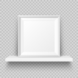 Realistic wall shelf with empty picture frame vector