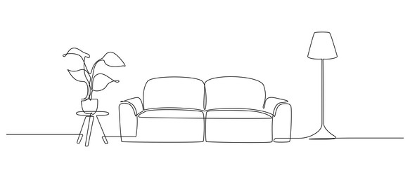 continuous one line drawing of sofa and lamp vector