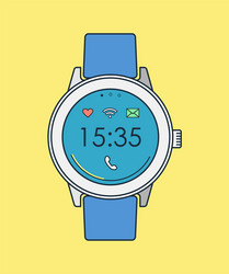 Retro smart watch in line art with time and icons vector