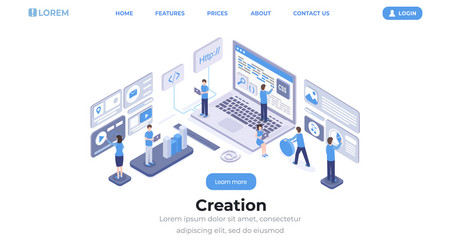 software creation landing page isometric template vector