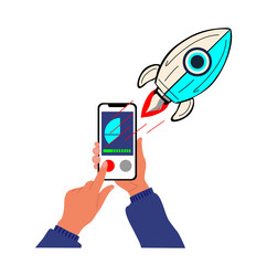 rocket launch from smartphone app startup concept vector image
