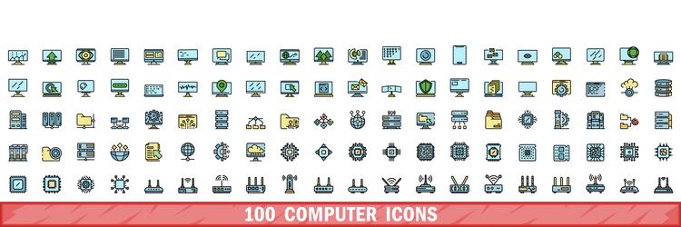 100 computer icons set color line style vector image