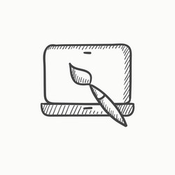 laptop and brush sketch icon vector