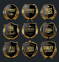 golden shields and laurel wreaths retro design vector