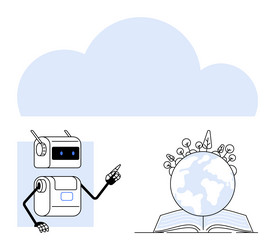 robot pointing to earth globe with plants on open vector image