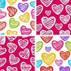 set of four seamless patterns with sketchy hearts vector