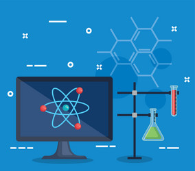 computer with atom and erlenmeyer flask tube vector