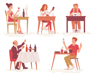 Set of diverse people eating in restaurants vector