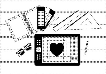 notebook and ruler tools tablet digitizer over vector image