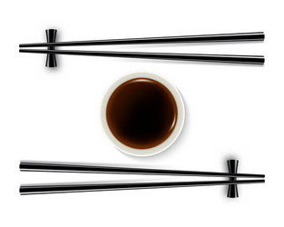 Soy sauce and chopsticks isolated on white vector