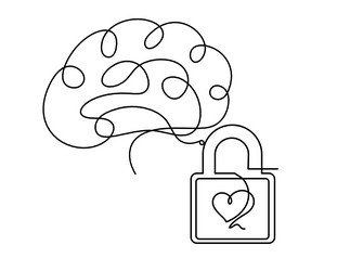 abstract heart-lock with brain as continuous line vector