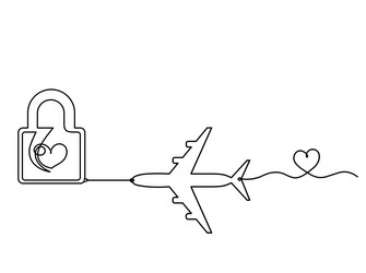 abstract heart-lock with plane as continuous line vector image