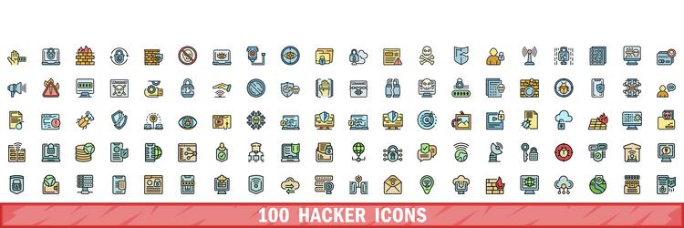 100 hacker icons set color line style vector image