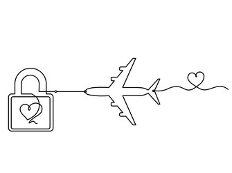 abstract heart-lock with plane as continuous line vector image